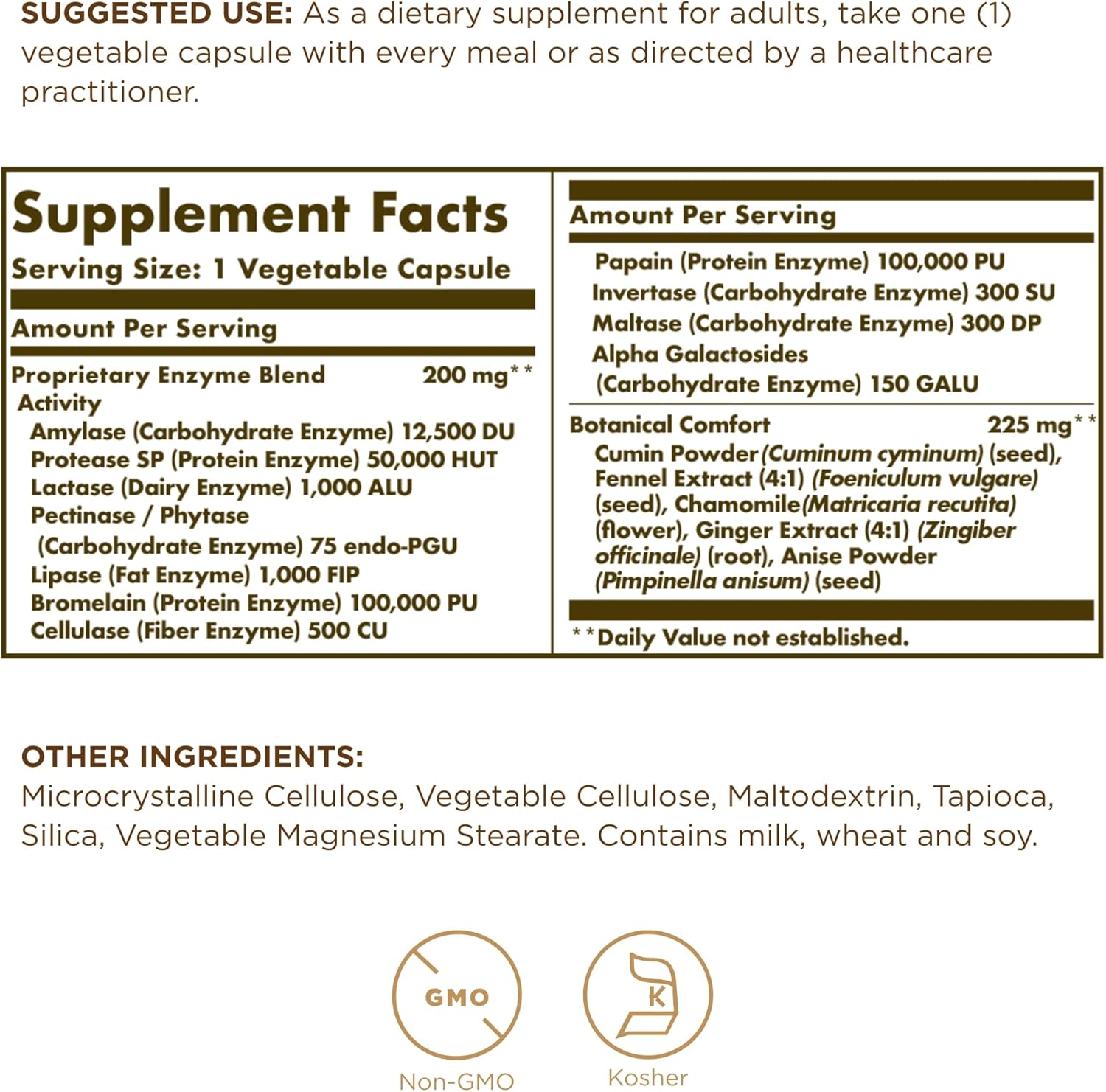 Supplement label with ingredient list for the Solgar digestive complex  - Kosher vegetable digestive aid