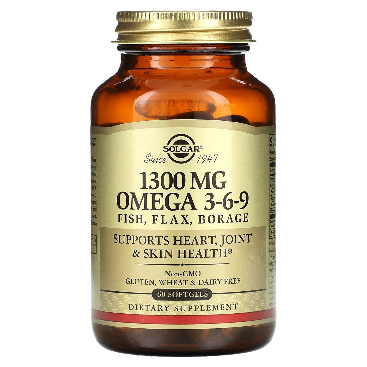 Supplement bottle labeled 'Omega 3-6-9' by Solgar to support heart, joint and skin health 