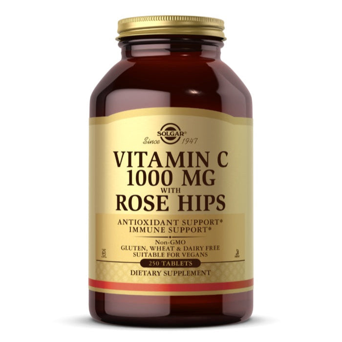 A bottle of Solgar Vitamin C 1000 mg with Rose Hips Tablets. The label indicates the product is antioxidant support, immune support, and lists gluten, wheat, and dairy as free.
