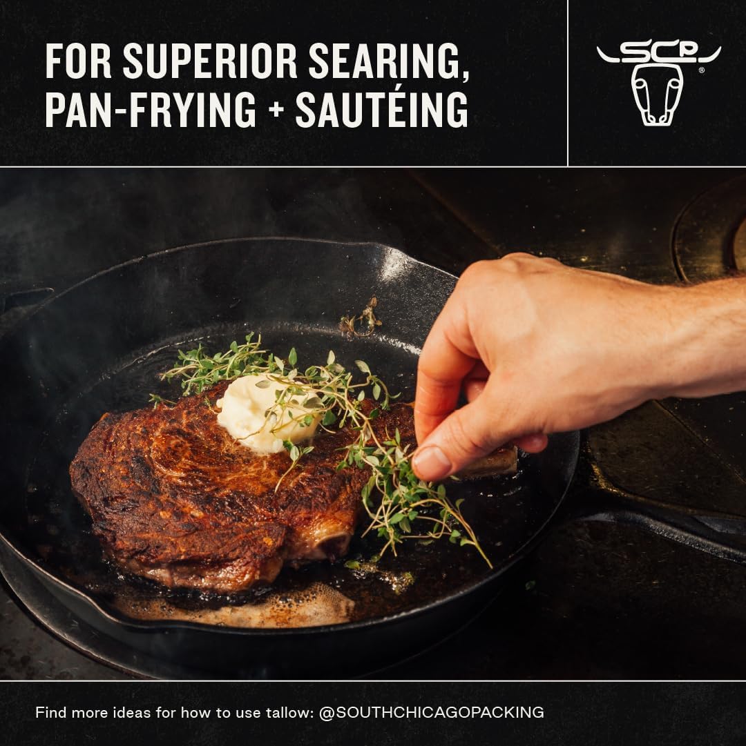 Person cooking eat with Wagyu beef tallow - for superior searing, pan-frying and sautéing. 