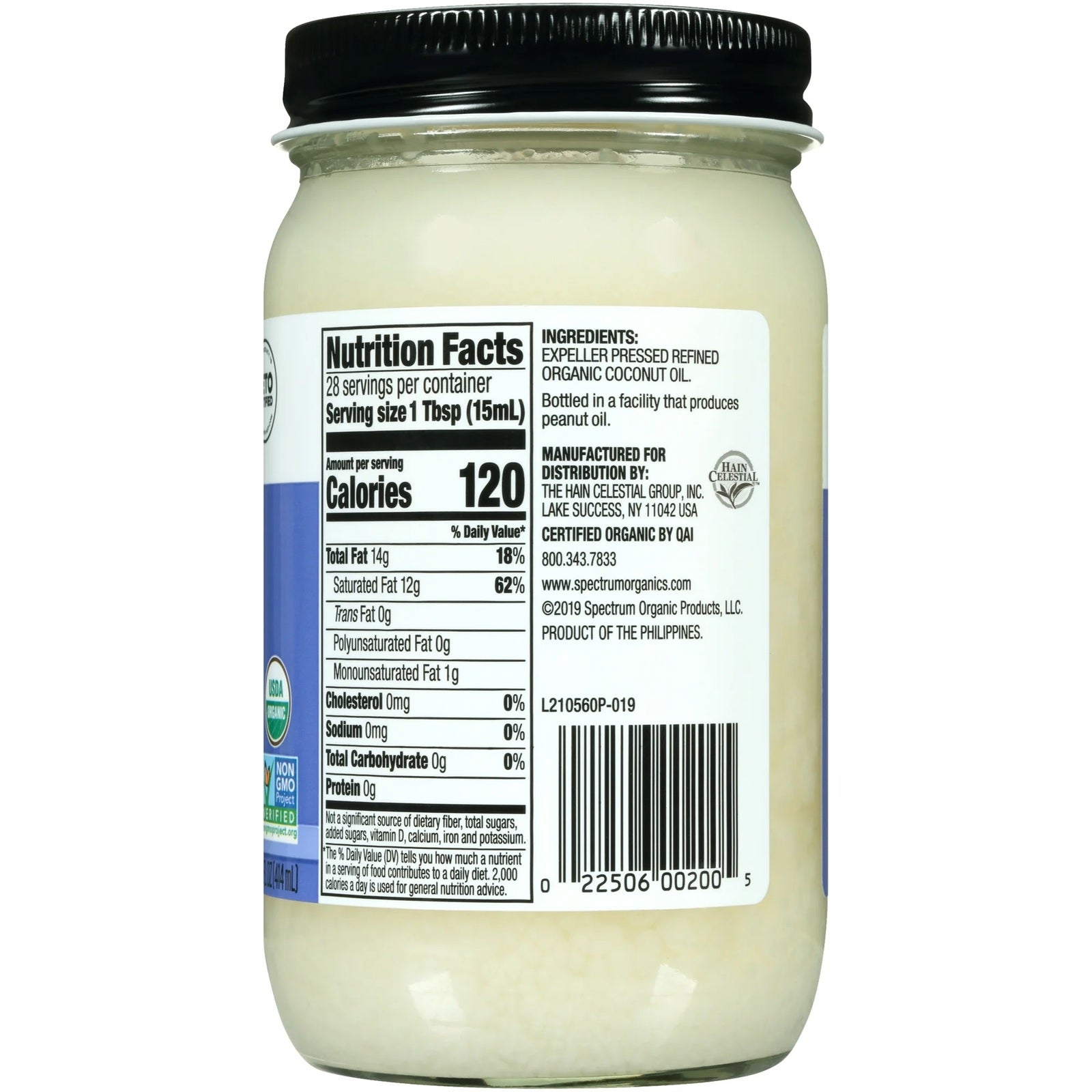 Jar of Spectrum Diversified organic coconut oil neutron facts and ingredients. 