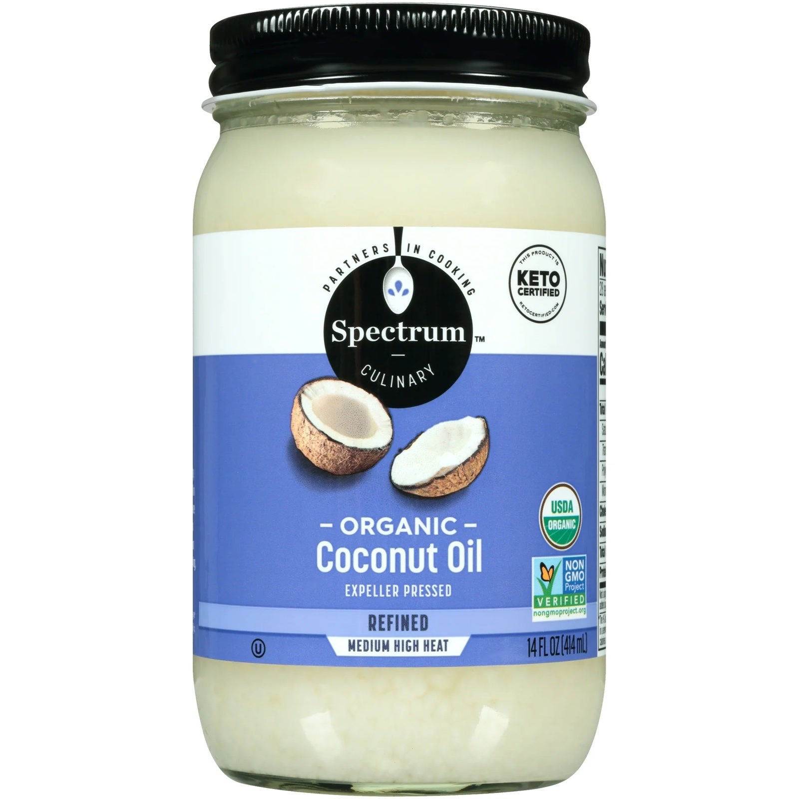 Jar of Spectrum Culinary organic coconut oil - refined. 