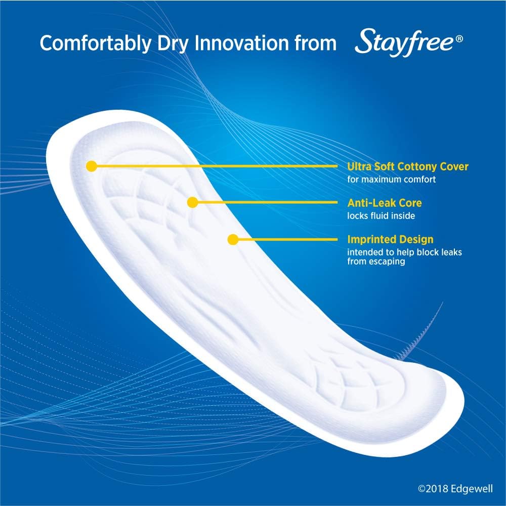 Stayfree comfortable dry innovation sanitary pad with ultra soft cottony cover, anti leak core and imprinted design to block leaks. 