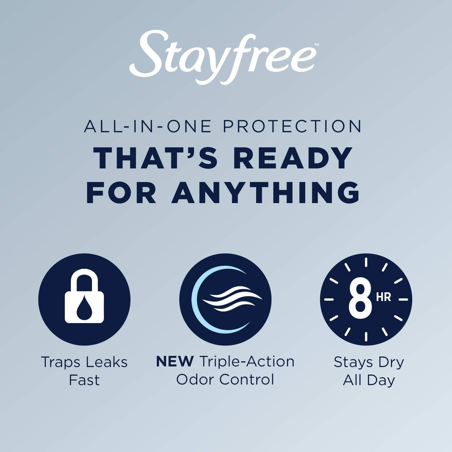 Stayfree feminine hygiene products offer all in one protection thats ready for anything - traps leaks fast, new triple-action odor control and 8hr stay dry