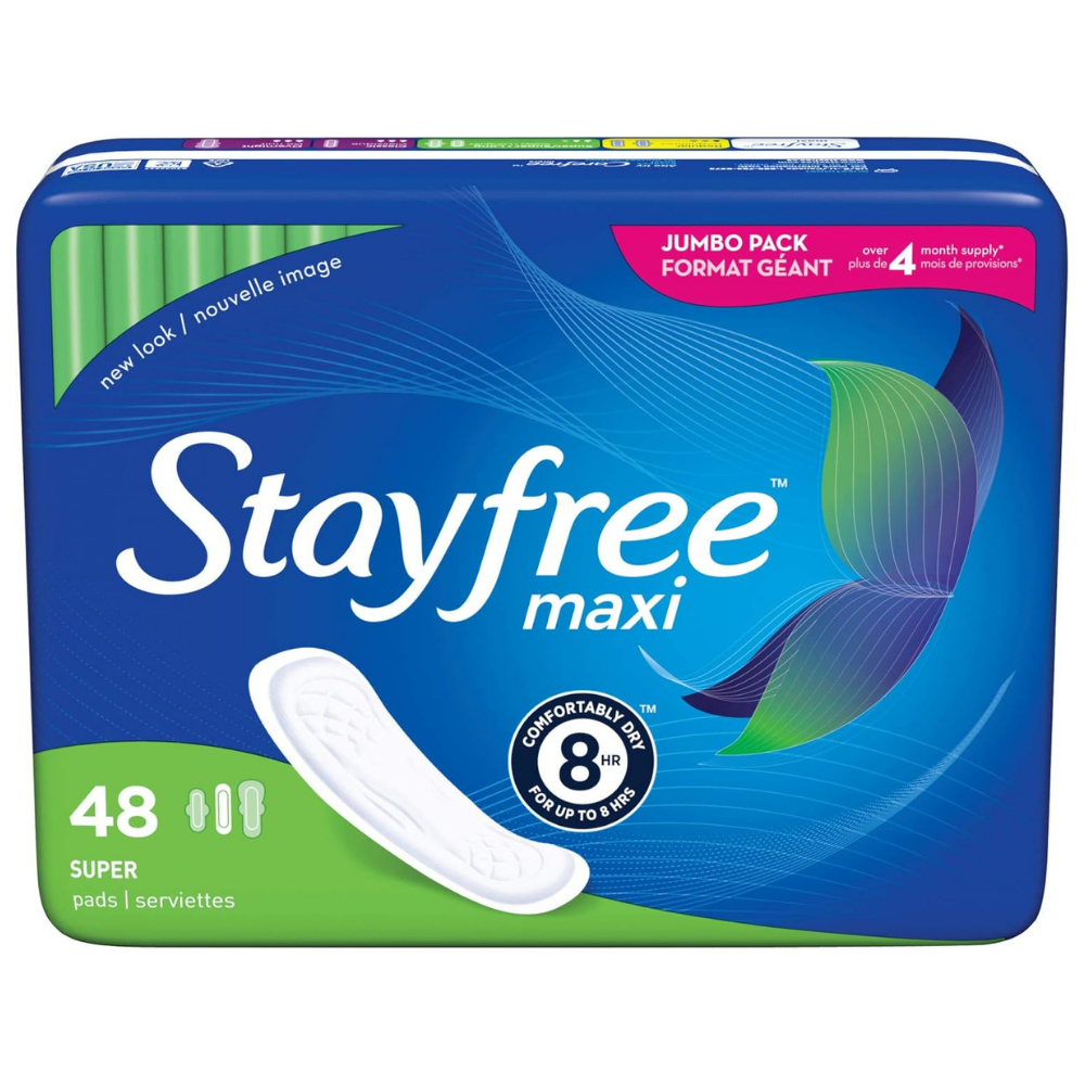 Stayfree maxi period pads with super absorbency - 48pcs for 8hr  protection, jumbo pack. 