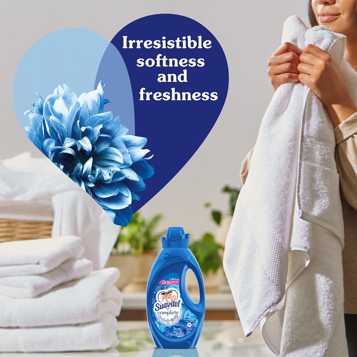 Suavity complete liquid fabric softener in flower fresh scent with irresistible softness and freshness. 