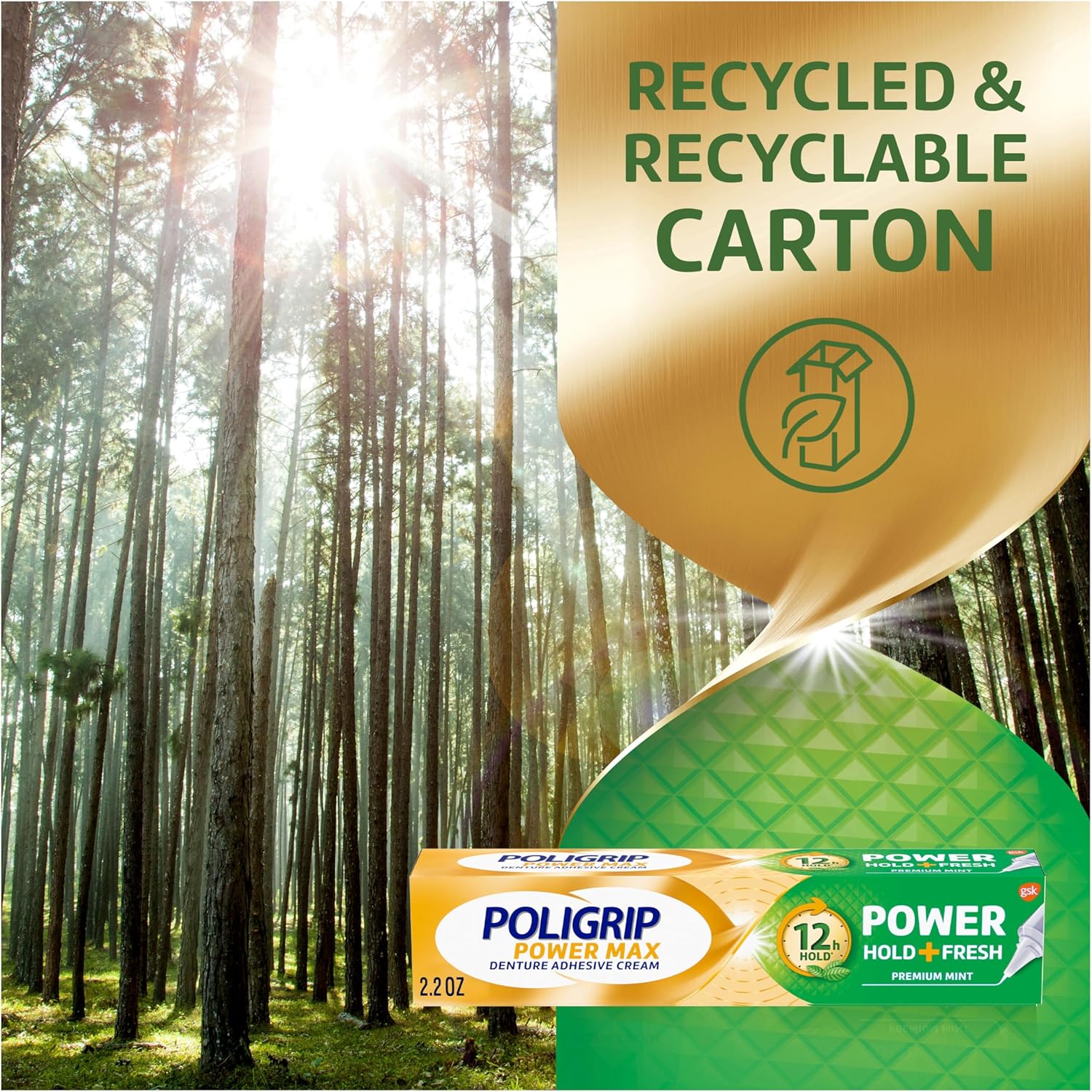 Poligrip power max denture adhesive cream comes in a recycled & recyclable carton. 