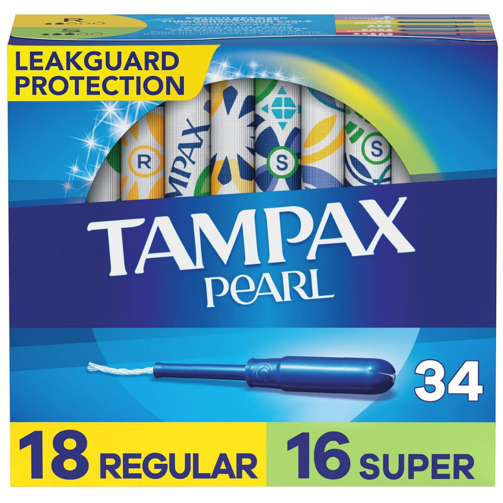 Box of Tampax pearl tampons with leak guard protection - regular and super for feminine sanitary protection - 34 count