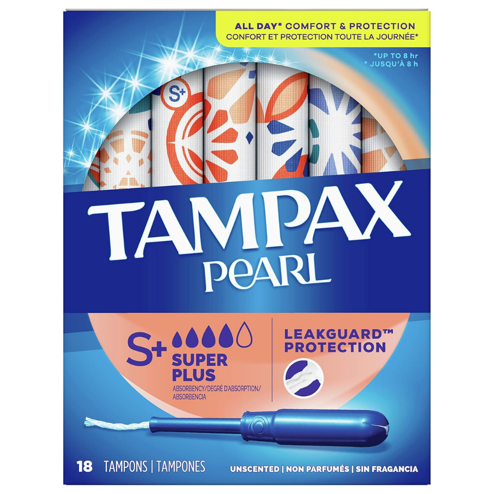 /box of Tampax pearl super plus tampons with leak guard protection for all dat period protection
