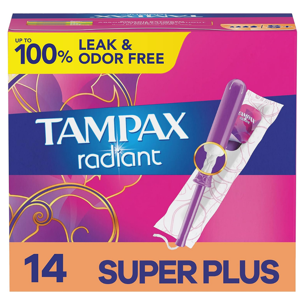 Tampax radiant super plus absorbency with up to 100% leak & odor free sanitary protection