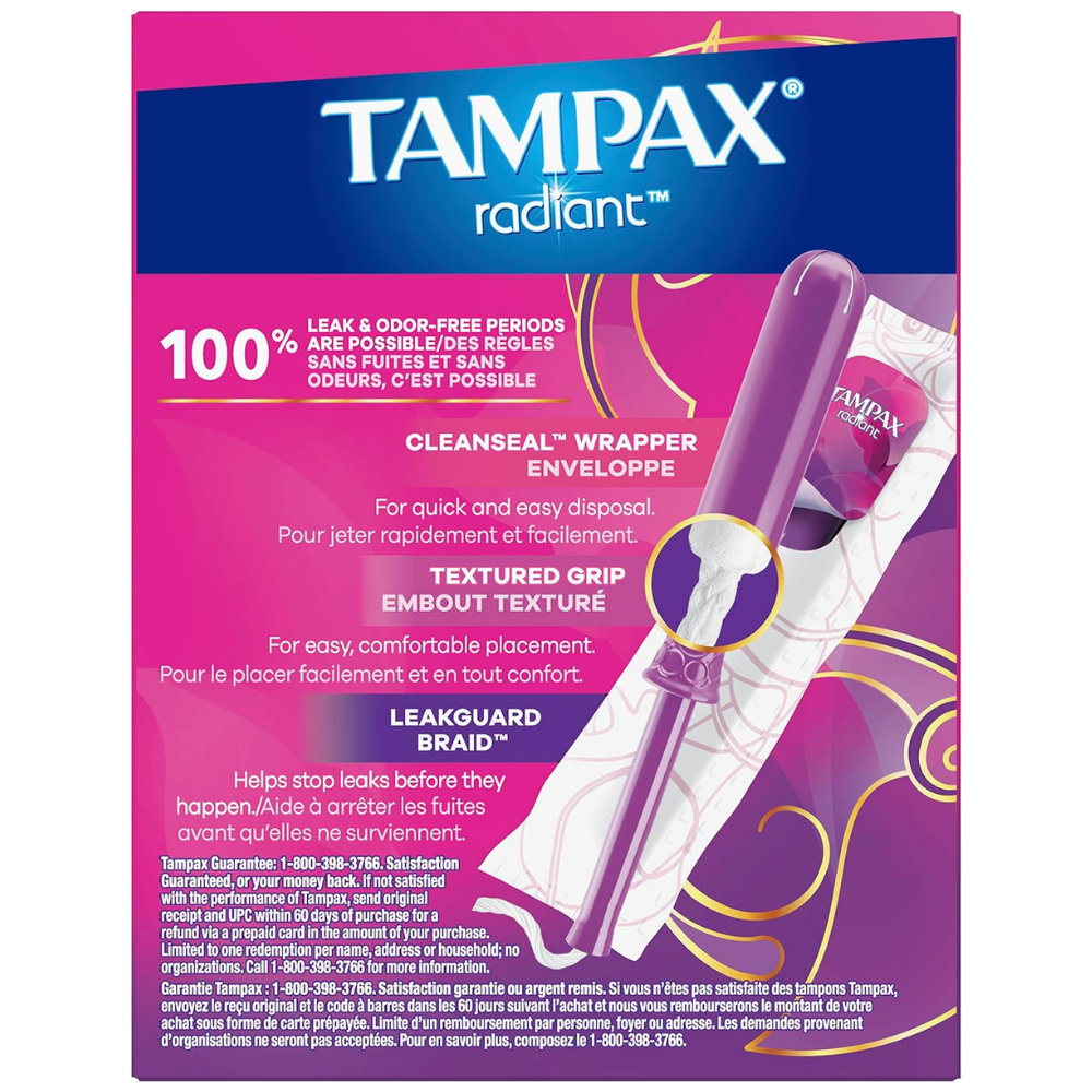 Back of a Tampax Radiant tampon box with infographics and description including a leak guard braid and full sanitary protection