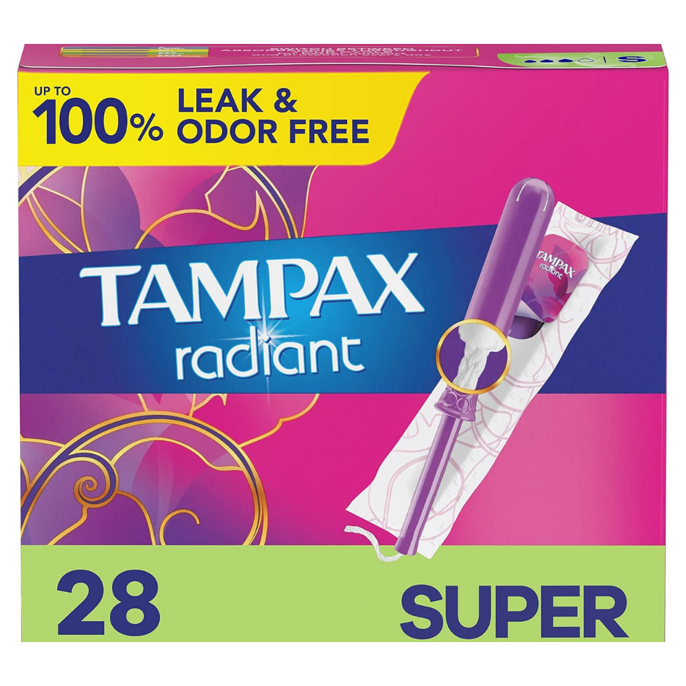Tampax Radiant super absorbency tampons with up to 100% leak & odor free feminine hygiene