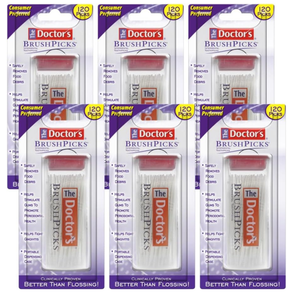 Pack of 6 of The Doctor's BrushPicks interdental toothpicks dental product.