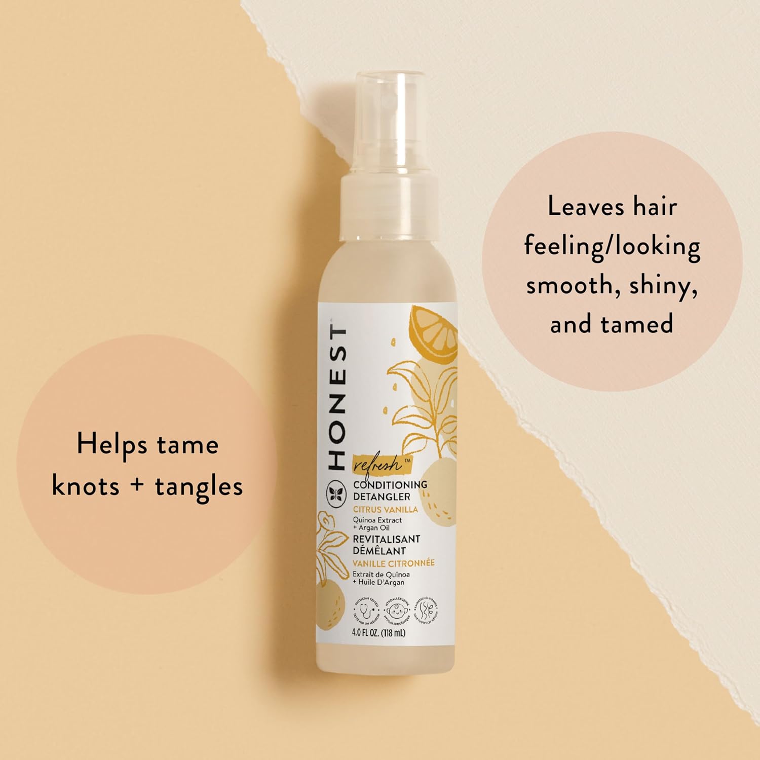4oz bottle of Honest Company hair detangler spray bottle to help tame knots and tangles