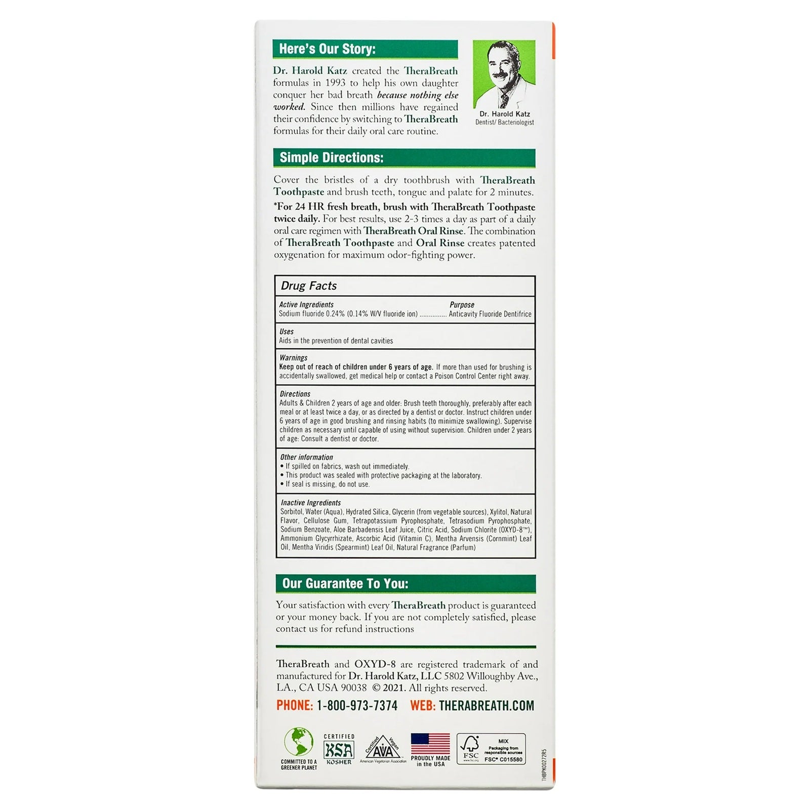 Therabreath fresh breath toothpaste origin story and simple directions with sodium fluoride for anti-cavity purposes. 