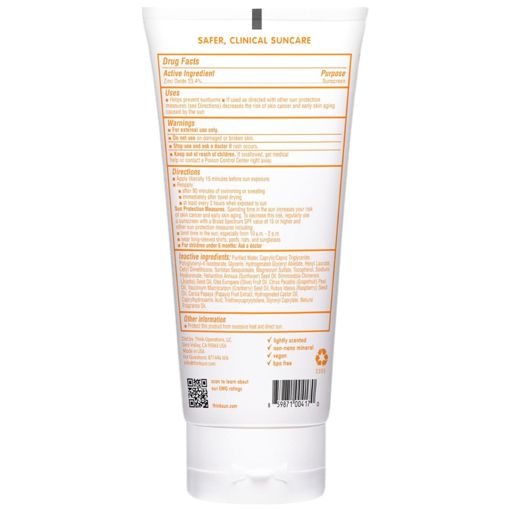 Back of Thinkbaby 50SPF baby sunscreen with active zinc oxide for sun protection 