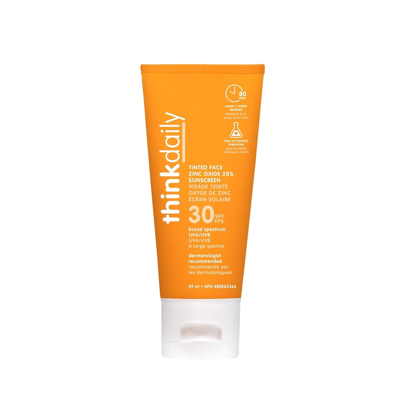 Tube of Thinkdaily tinted face zinc oxide 20% sunscreen with 30 SPF broad spectrum UVA - dermatologist recommended. 