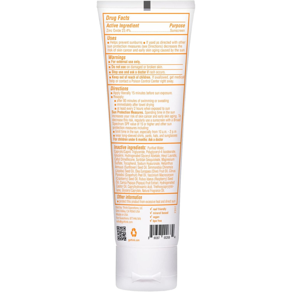 Tube of Thinksport baby sunscreen with zinc oxide for baby skin care