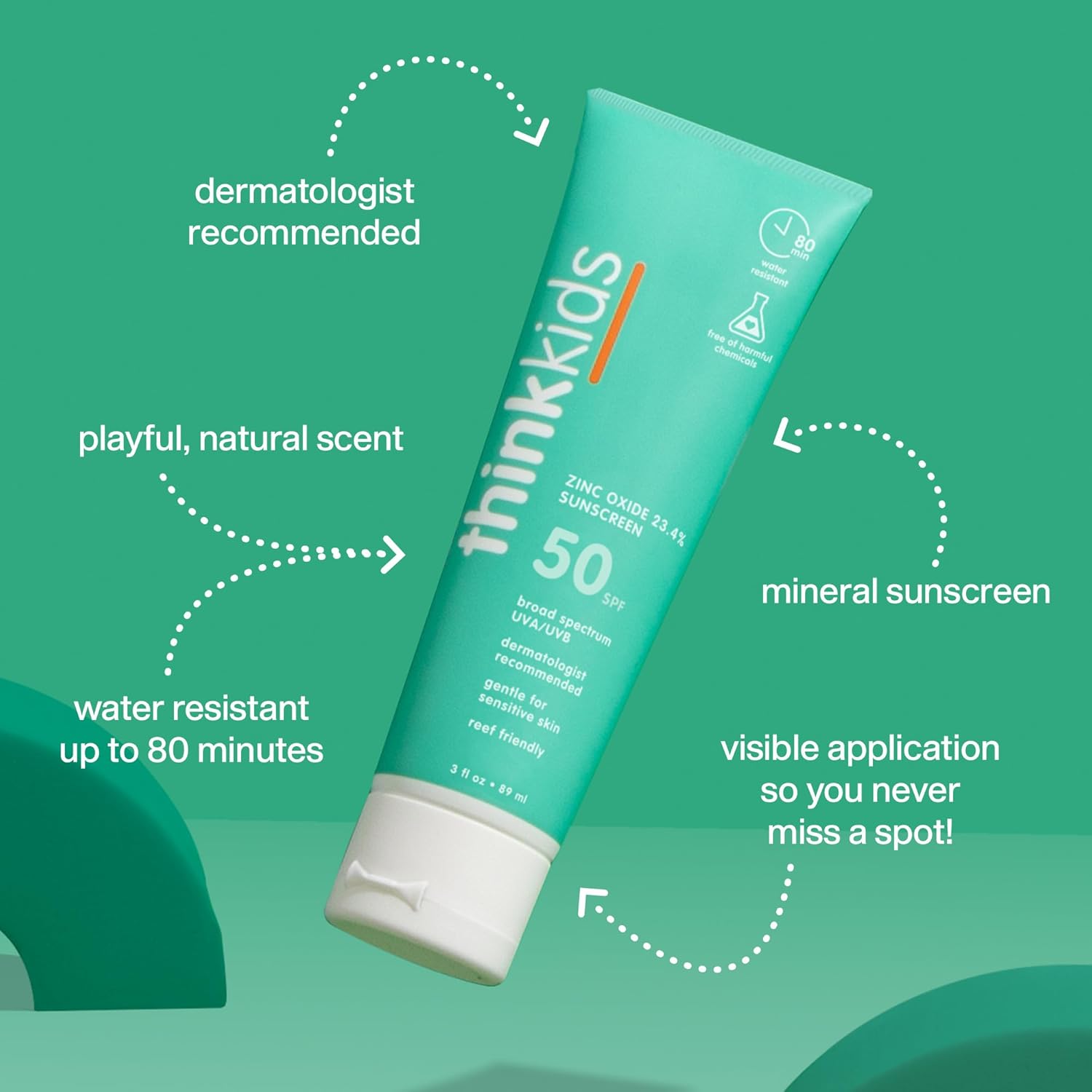 Think Kids mineral sunscreen tube 50spf is dermatologist recommended with playful scent - water resistant up tp 80mins