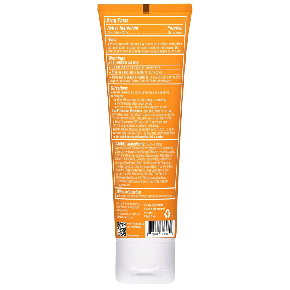 Back of waterproof sunscreen lotion with active zinc oxide ingredient 