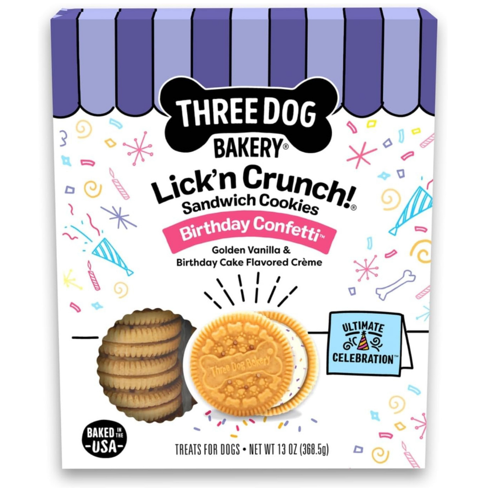 Box of Three Dog Bakery sandwich cookies, birthday confetti - golden vanilla & birthday cake flavored creme cookies. 