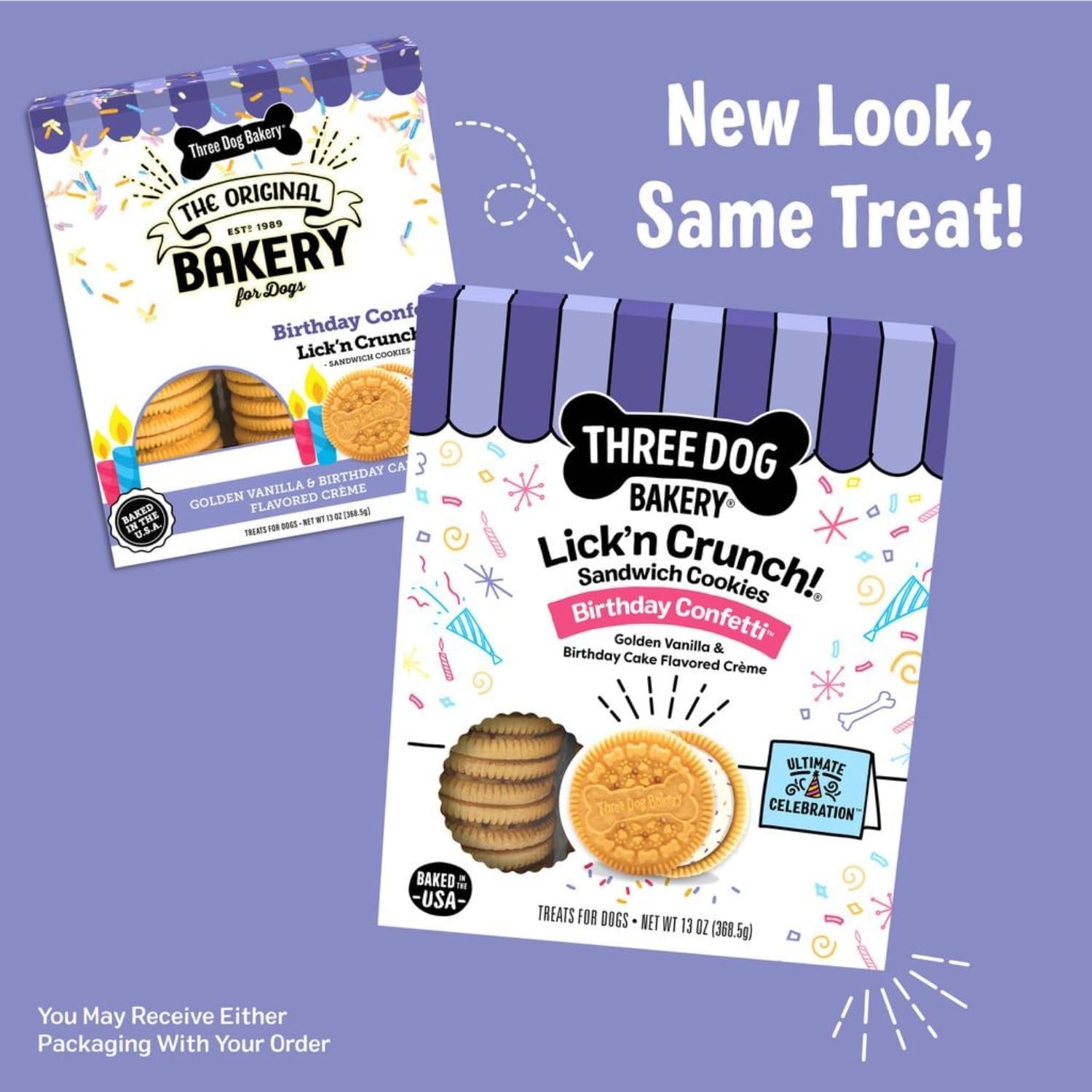 New look, same treat for the Three Dog Bakery birthday confetti sandwich cookies  with golden vanilla & birthday cake flavored creme. 