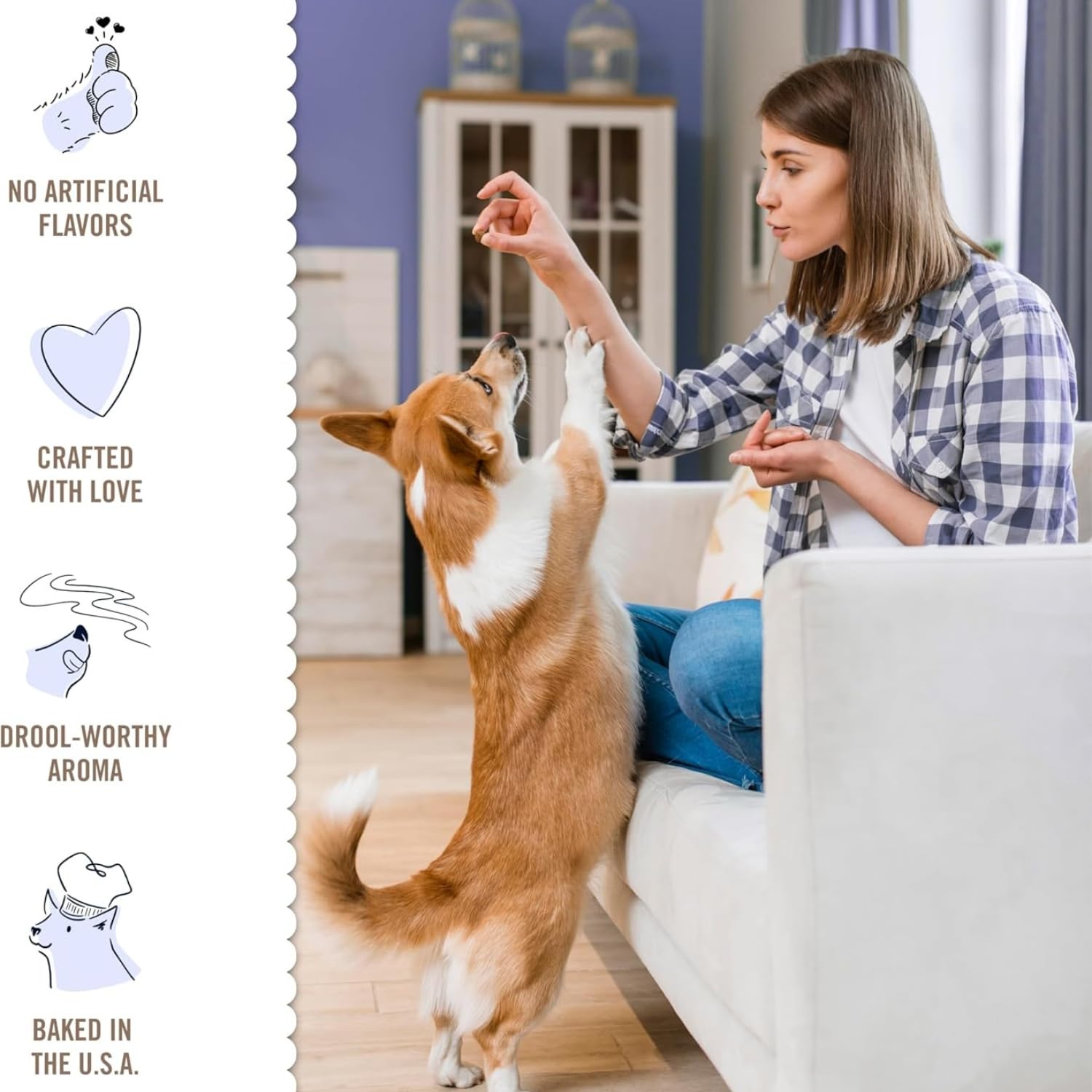 Women feeding dog Three Dog Bakery classic sandwich cookies with no artificial flavours, drool-worthy aroma and crafted with love in the USA