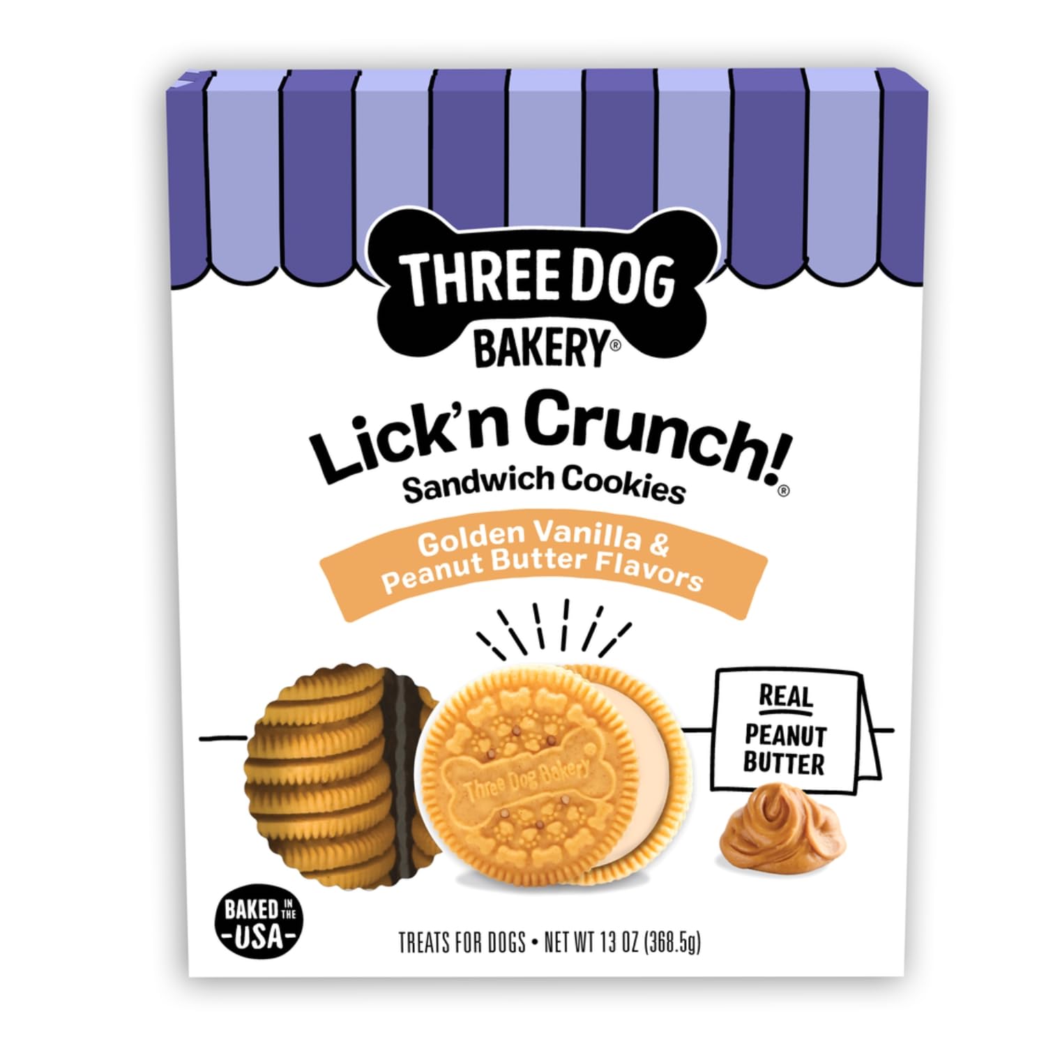 Three Dog Bakery Lick 'n Crunch Sandwich Cookies with vanilla and peanut butter flavors - treats for dogs