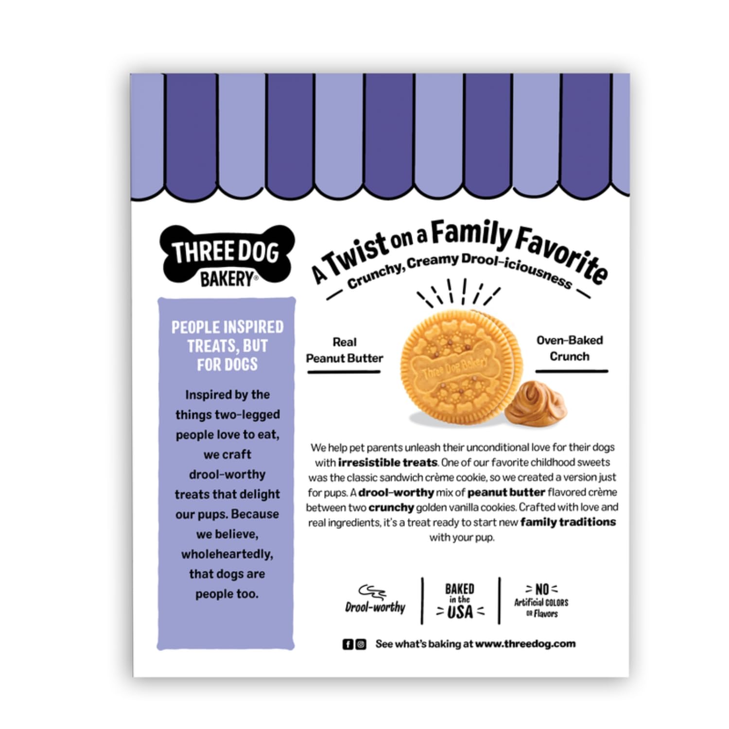 Back of Three Dog Bakery dog treat box - crunchy classic sandwich cookies baked in the USA