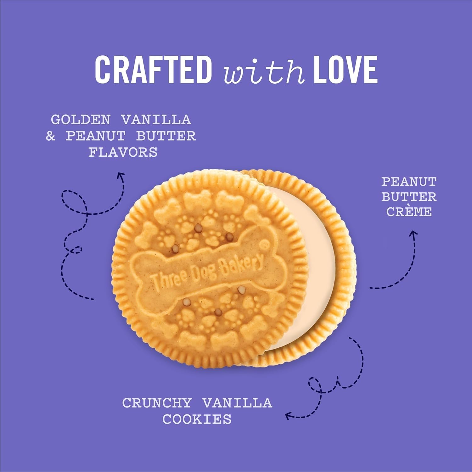 Dog treat Three Dog Bakery crunchy vanilla cookie with peanut butter creme with golden vanilla & peanut butter flavours 