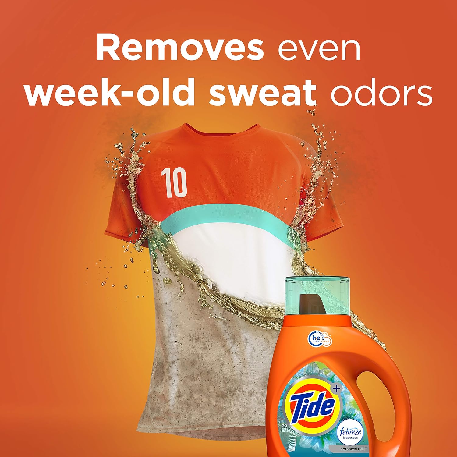 Tide Plus febreze freshness laundry detergent removes even week-old sweat odors with botanical rain scents. 
