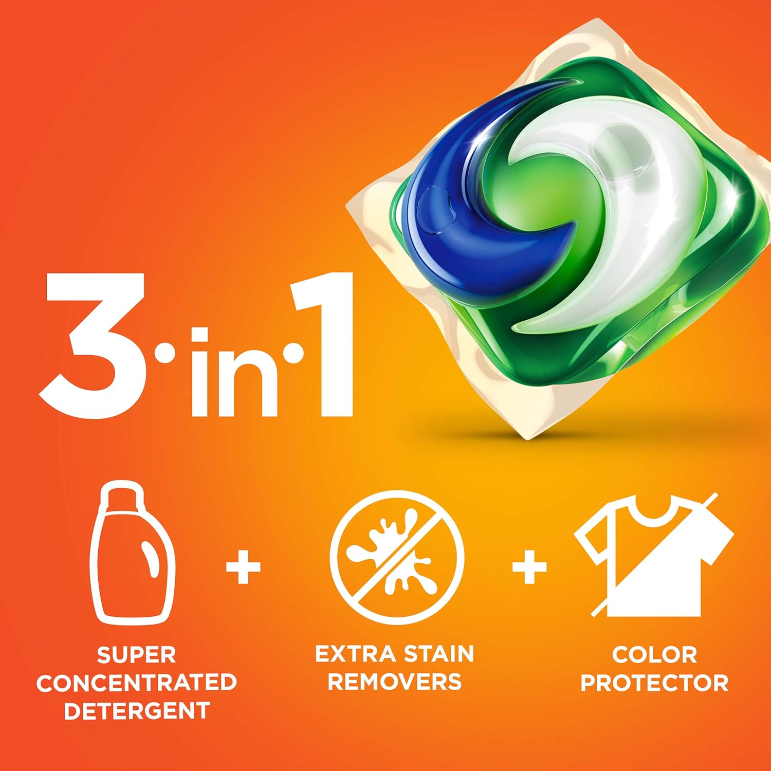 Tide pods 3 in 1, super concentrated detergent with extra stain removers and color protectors. 