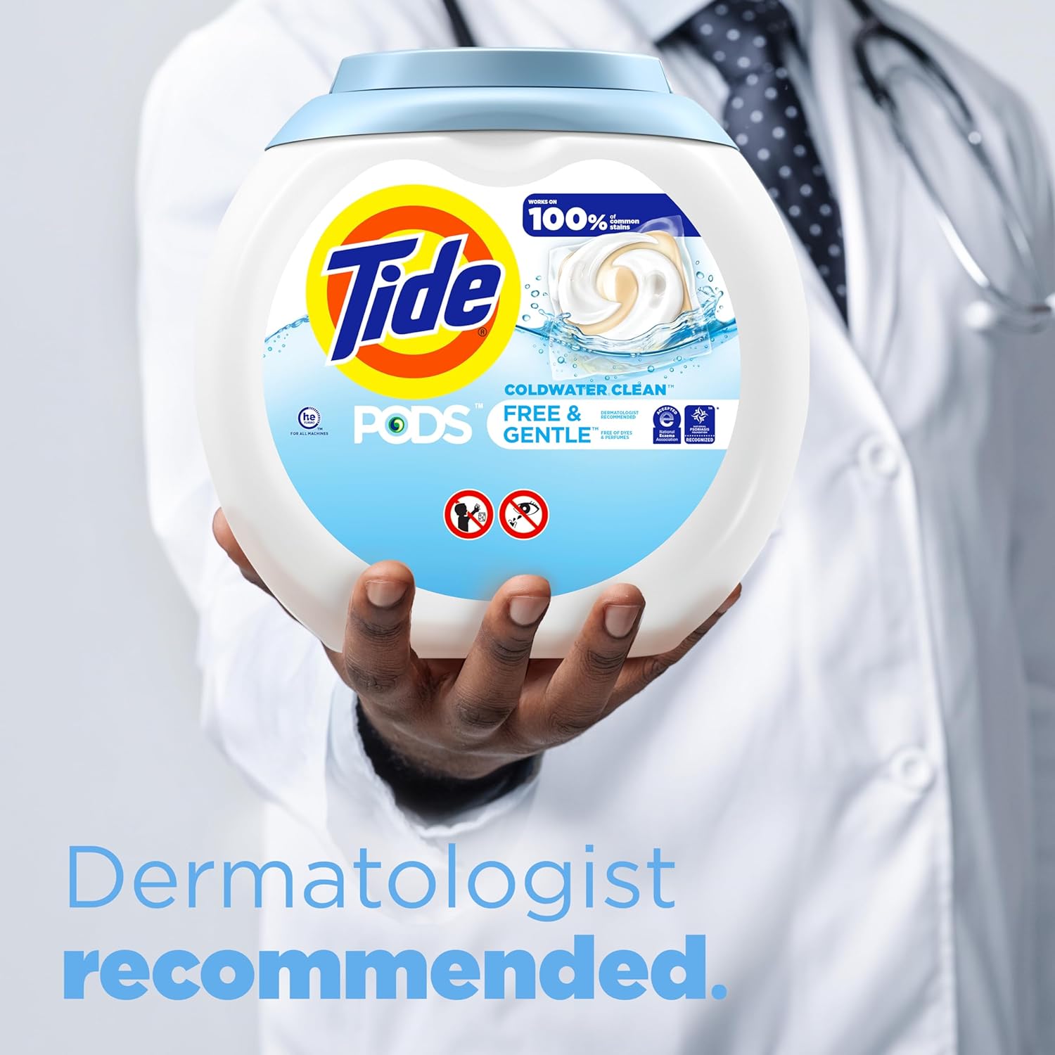Tide laundry pods for cold water clean, free and gentle detergent - dermatologist recommendation. 