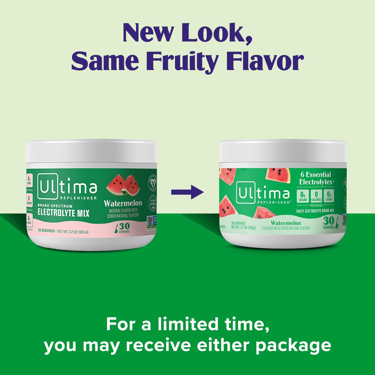 New look same fruity flavour for the Ultima replenisher electrolyte drink mix in watermelon flavour