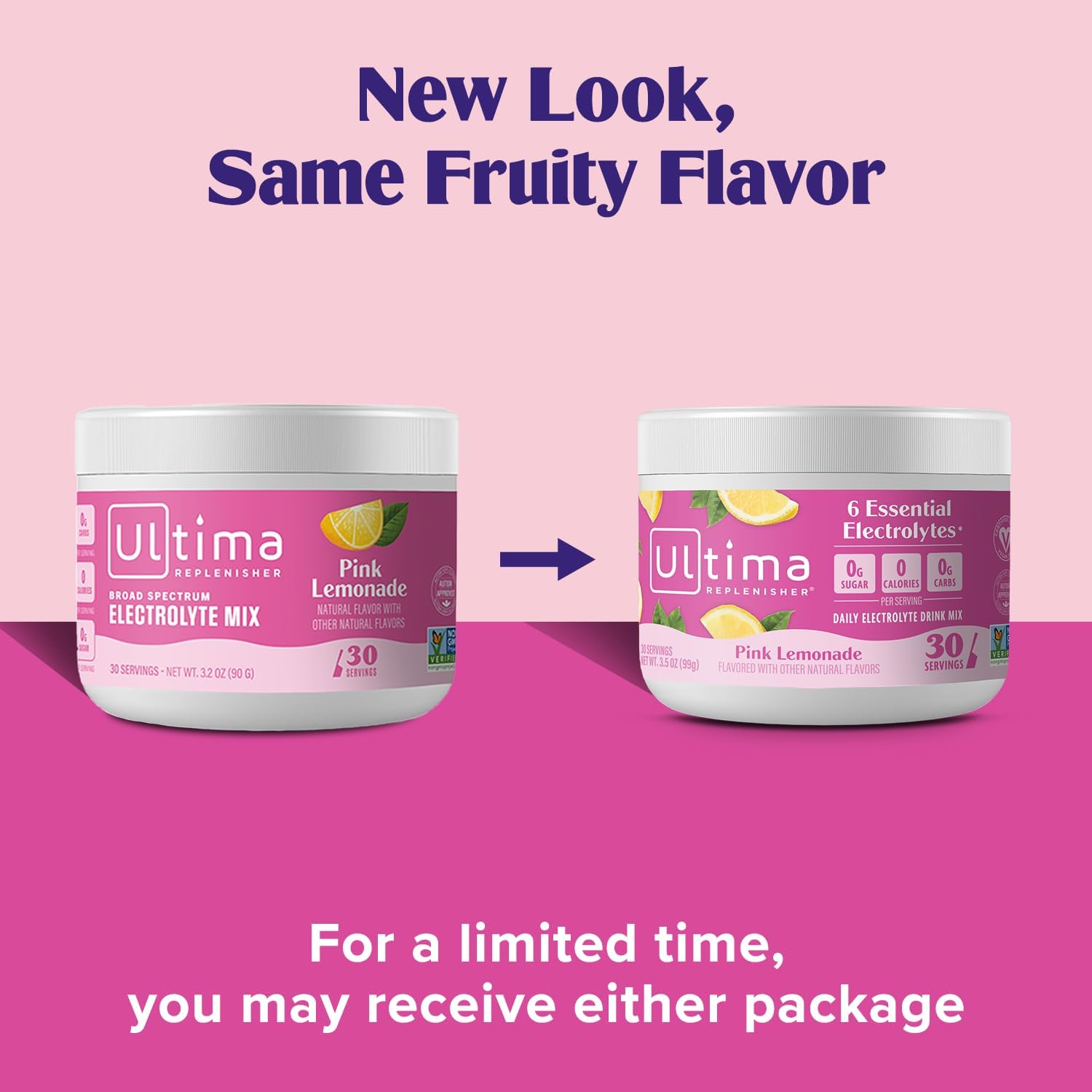 New look for same Ultima electrolyte mix in pink lemonade flavor 
