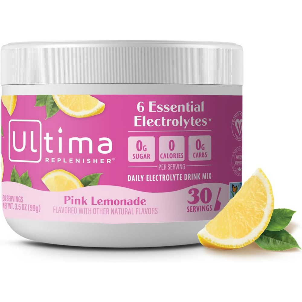 Package of Ultima replenisher - pink lemonade flavored essential electrolyte drink mix