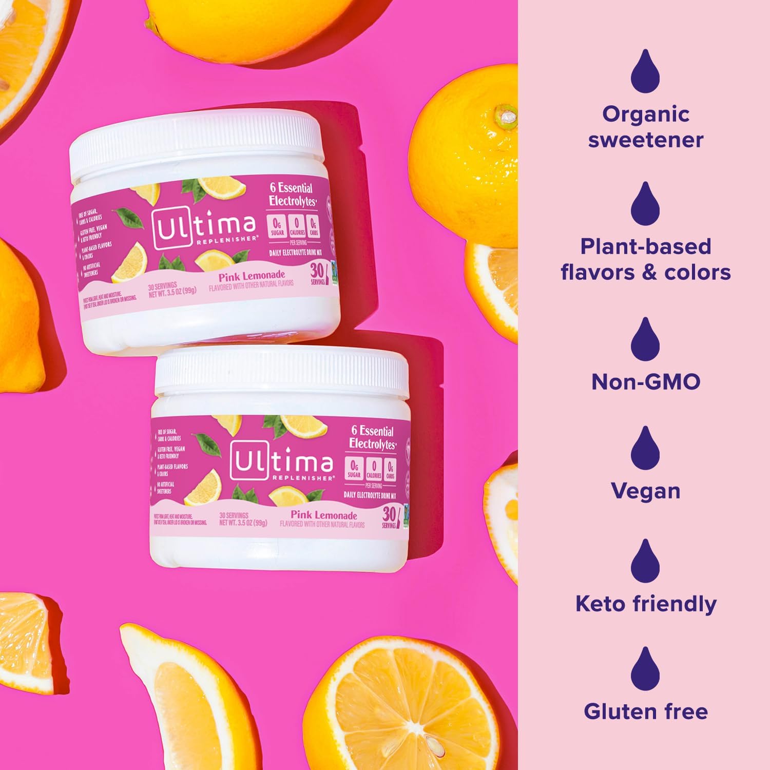 Ultima Pink Lemonade supplement made with organic sweetener, gluten free., keto friendly and vegan. 
