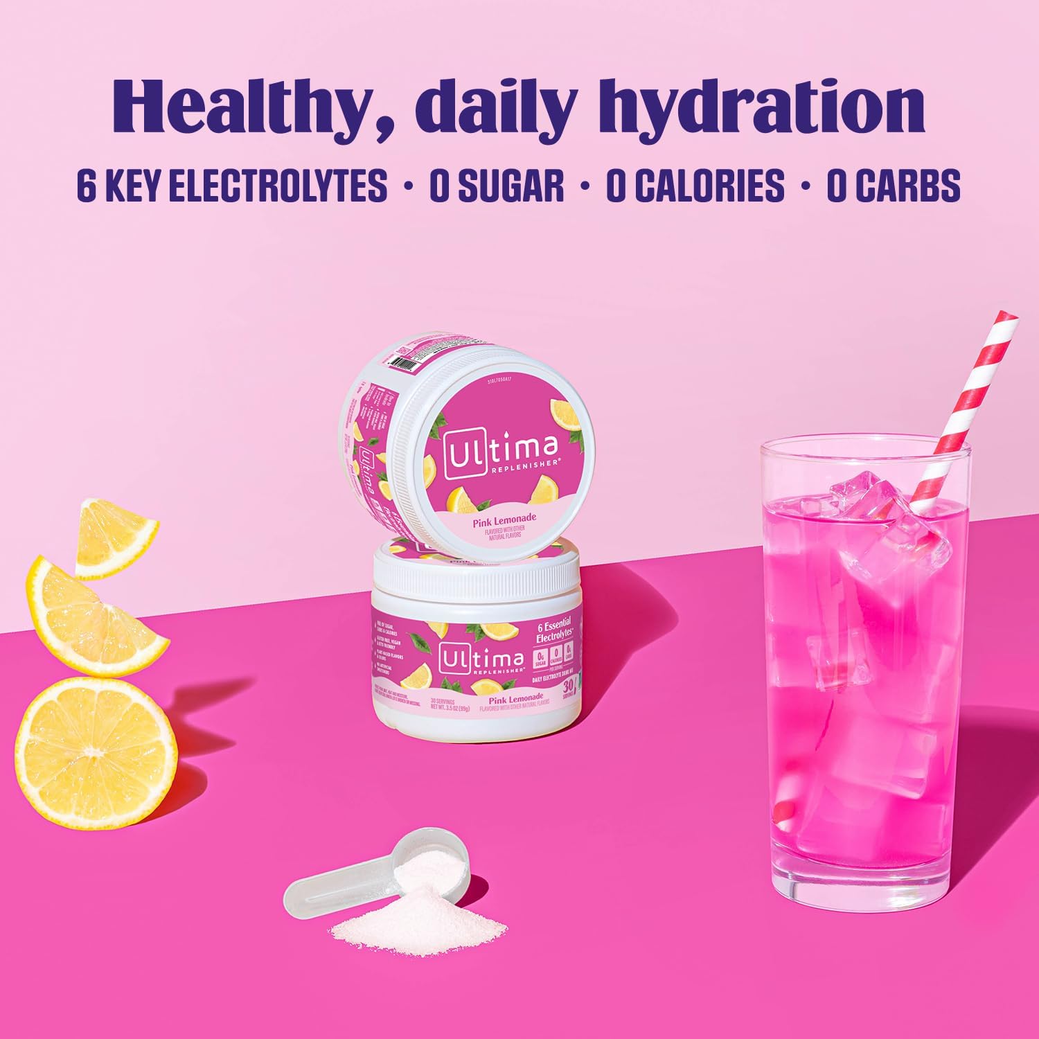 Ultima replenisher pink lemonade drink mix offers healthy daily hydration with 6 key electrolytes and 0 sugar and carbs