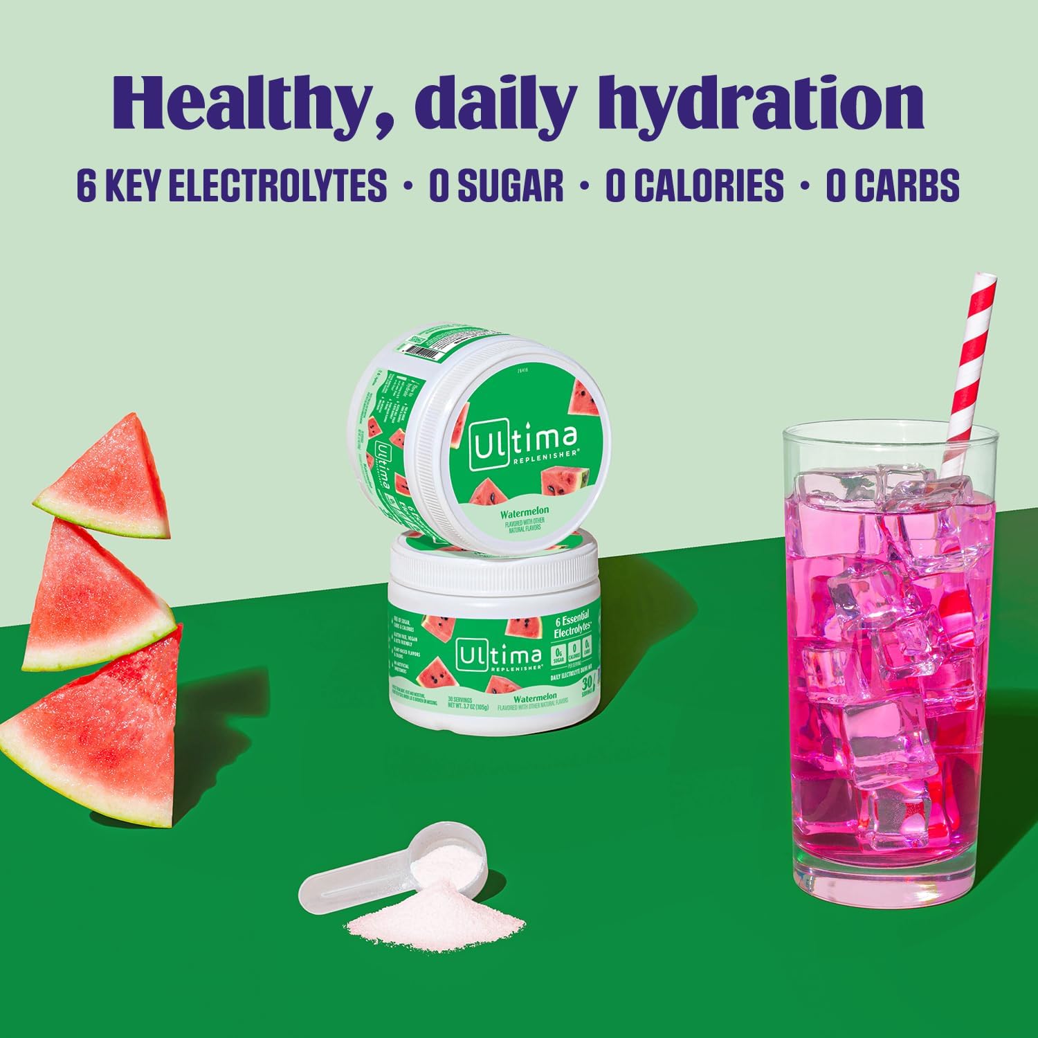 Ultima electrolyte powder in watermelon flavor - a healthy daily hydration drink with 7 key electrolytes and 0 sugar, calories and carbs. 