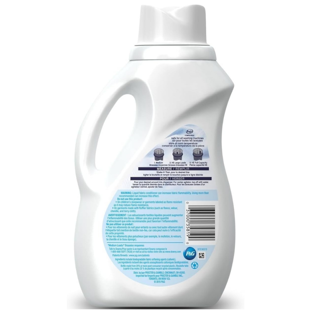 Back of a bottle of Ultra Downy free & gentle fabric softener with directions and warnings