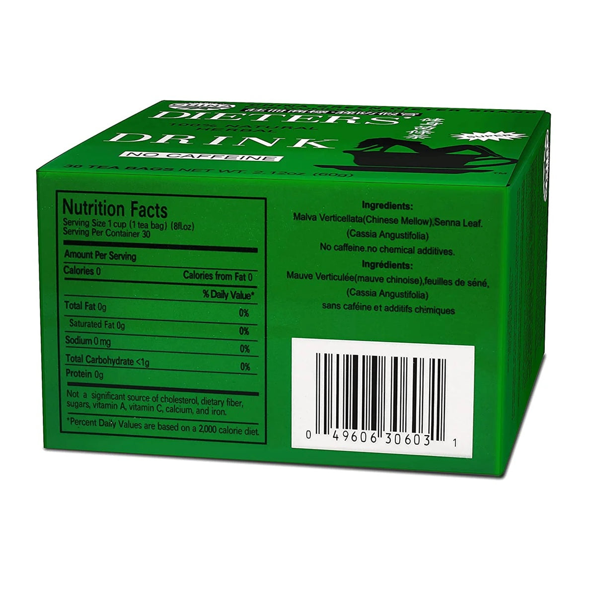 Green box of Unlce Less dieters tea bags with nutrition facts and ingredients listed for weight loss. 