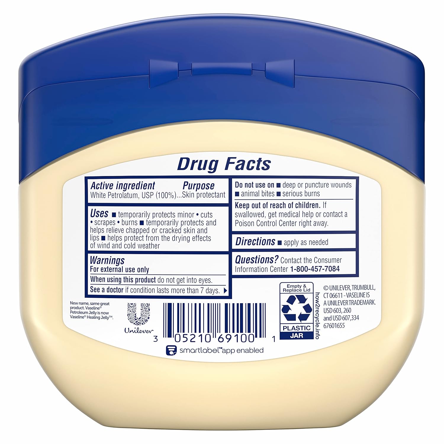 Vaseline petroleum jelly contains 100% white petrolatum for skin protectant purpose, use to protect minor cuts, scrapes, burns and more