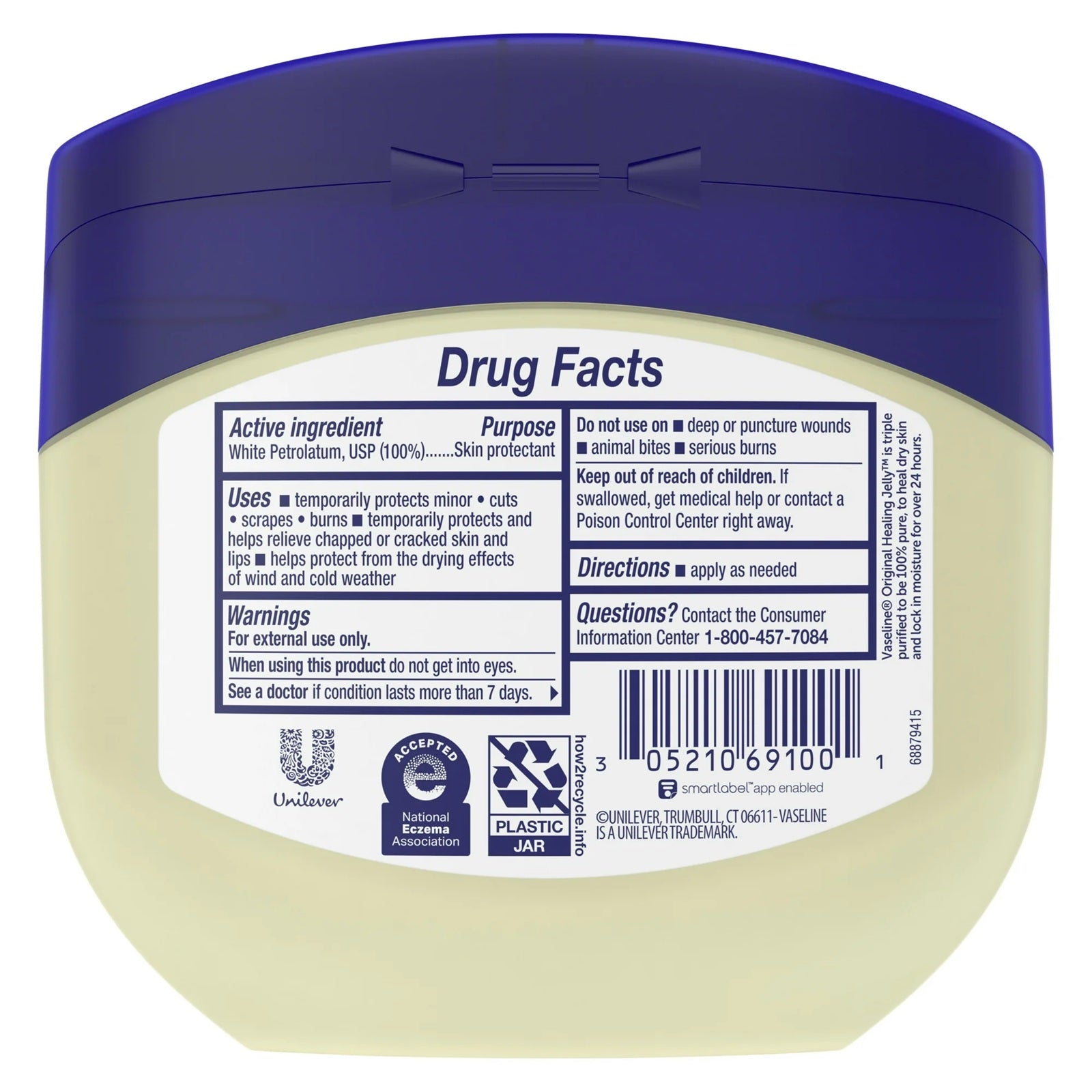 Jar of original vaseline petroleum jelly with white petrolatum and USP for skin protectant purposes. 