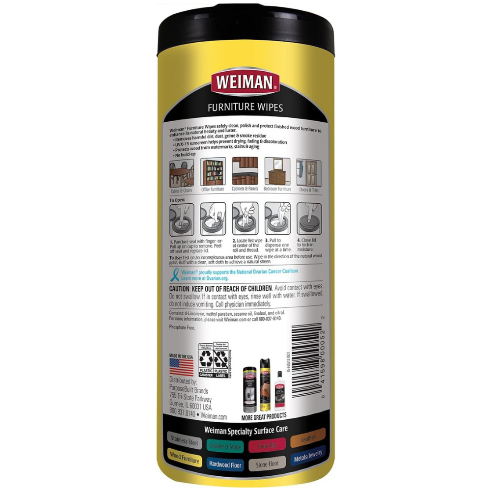 PContainer of 30 Weiman furniture wipes with directions and information. 