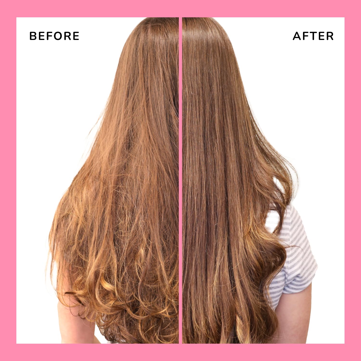 Before and after comparison of long hair using the Wet Brush shower hair brush