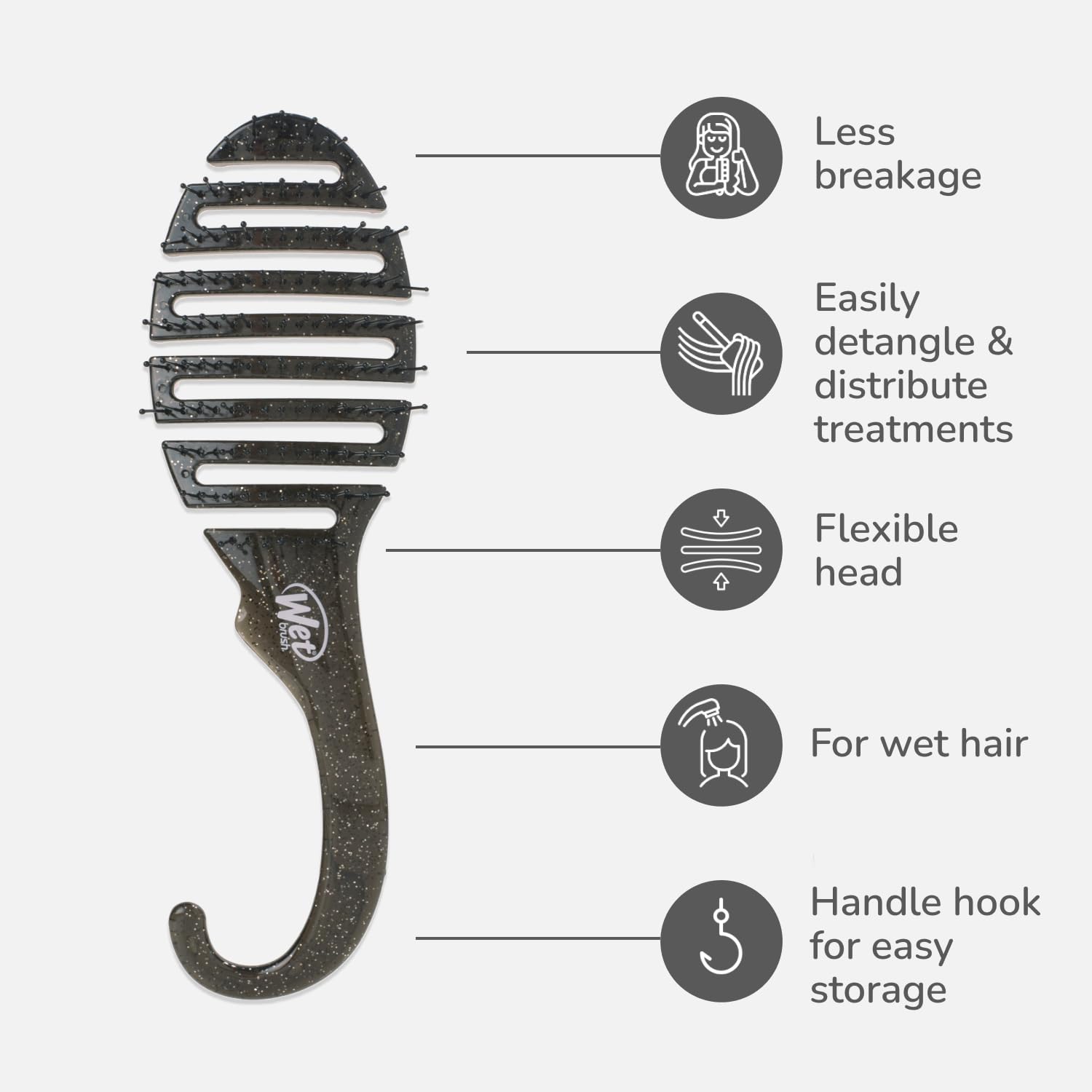The Wet brush shower hair brush detangler is great for less breakage inwet hair to easily detangle and distribute treatments with handles for easy storage
