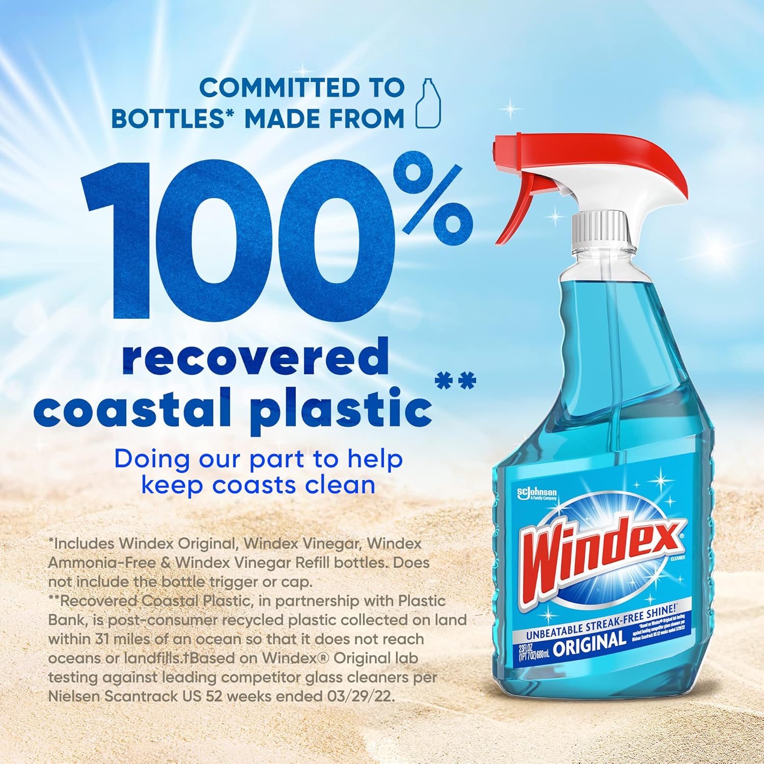 Windex glass cleaner bottle with text about 100% recovered coastal plastic on a beach background