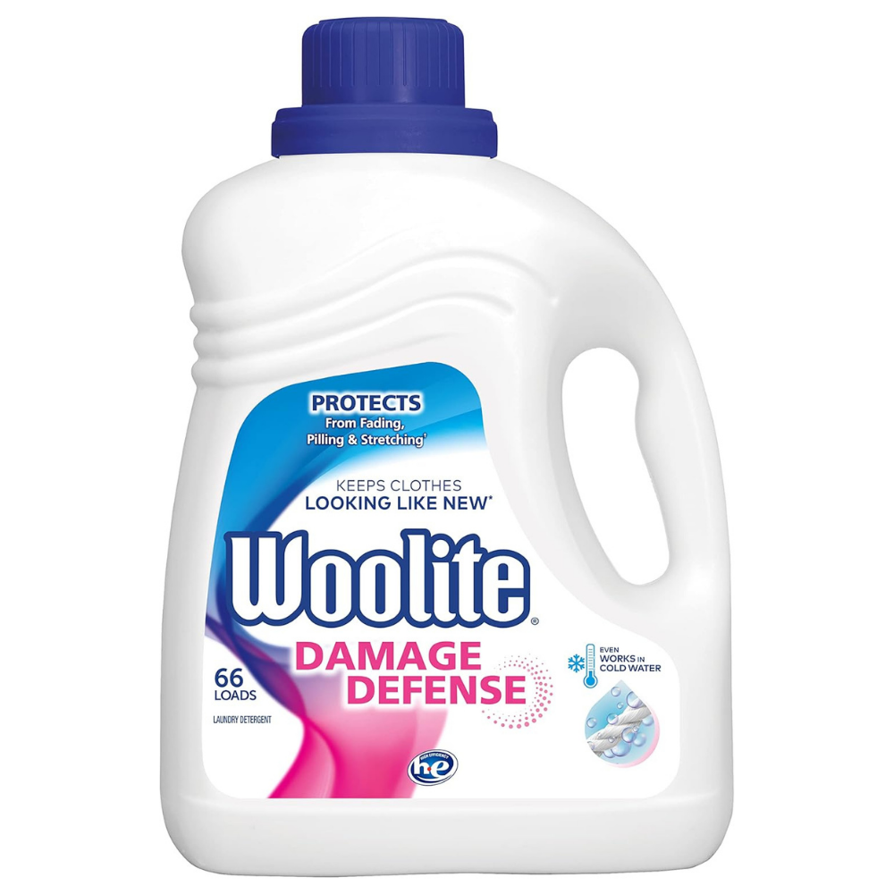 Woolite Damage Defense laundry detergent bottle to protect from fading and keep clothes looking new