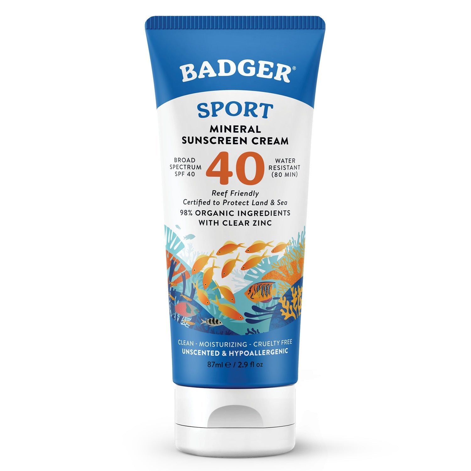 Badger Sport Clear Zinc Sunscreen Cream, SPF40, Unscented, 2.9 Oz (87 ml)